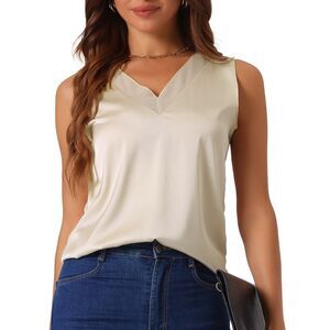 Silky Satin Tank Tops Mesh V Neck Casual Summer Basic Tank Shirt Champagne